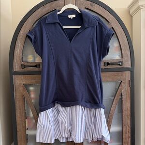Entro Navy Dress with Striped Skirt